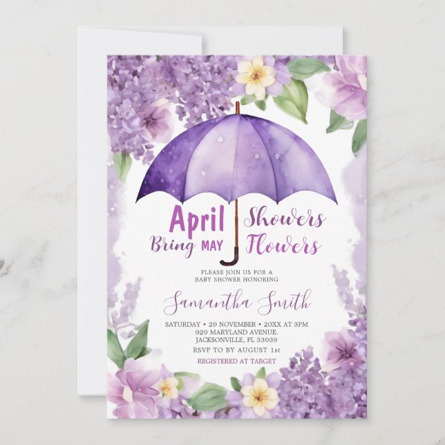 April Showers Bring May Flowers Purple Umbrella Invitation (Front)