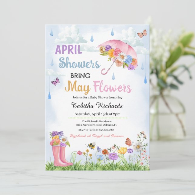 April Showers Bring May Flowers Spring Baby Shower Invitation (Standing Front)
