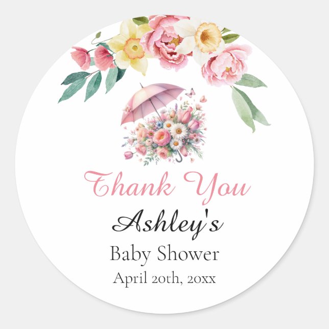 April Showers Brings May Flowers Baby Shower Favou Classic Round Sticker (Front)