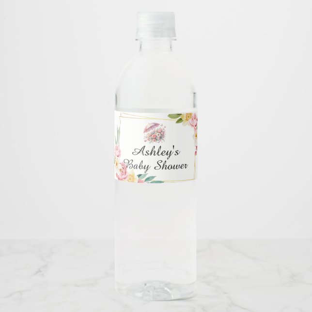 April Showers Brings May Flowers Baby Shower Water Bottle Label (Front)