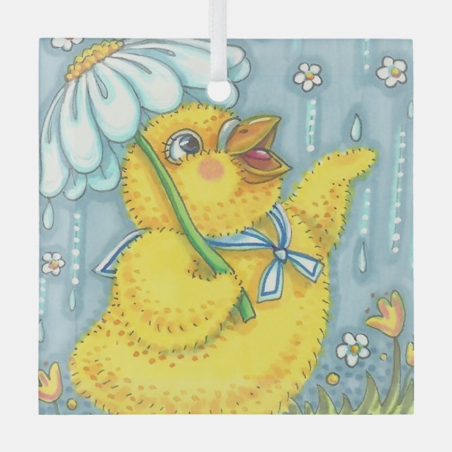 APRIL SHOWERS CUTE BABY CHICK & SPRING FLOWER GLASS TREE DECORATION (Front)