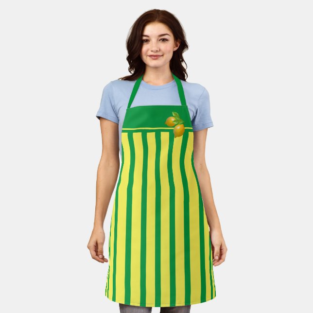 Apron Cafe Green and Lemon Stripe with Lemons (Worn)