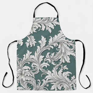 Apron Damask Black White Smokey Aqua