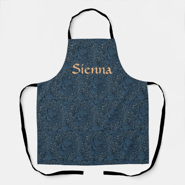 Apron in Dark Blue with Stars and Flowers (Front)
