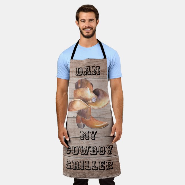 Apron Large Cowboy Griller on Wood (personalised) (Worn)