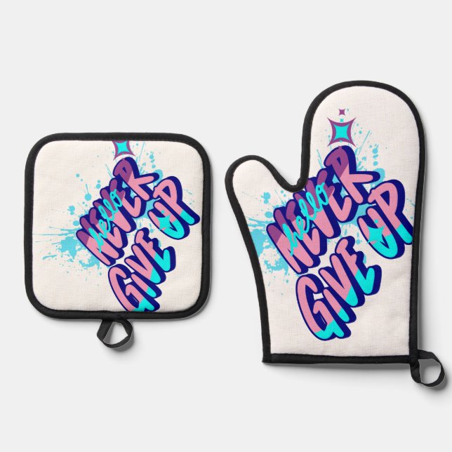 APRONS NEVER GIVE UP OVEN MITT & POT HOLDER SET (Front)