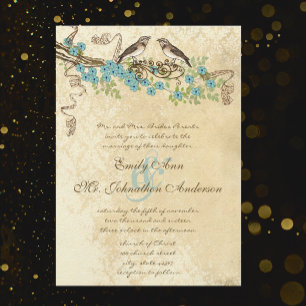 Aqau & Navy Cherry Blossom Vintage Bird Weddings Invitation