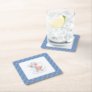 Aqeeqah Teddy Bear Blue Stars Personalised Square Paper Coaster