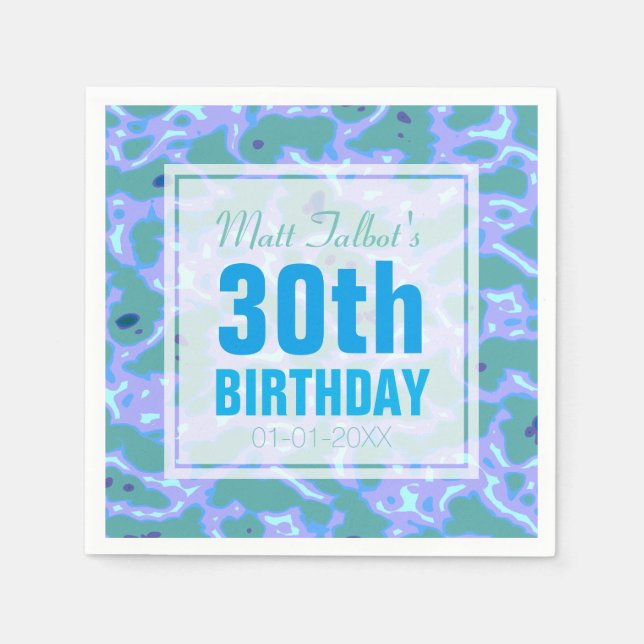 Aqua Abstract 30th Birthday Paper Napkins (Front)