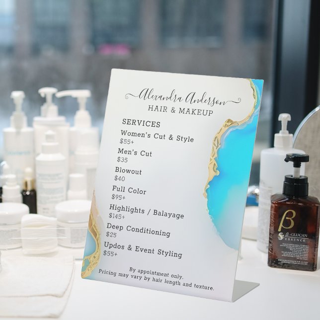 Aqua Agate Marble Gold Details Salon Price List Pedestal Sign (Aqua Agate Marble Gold Details Salon Price List Pedestal Sign)