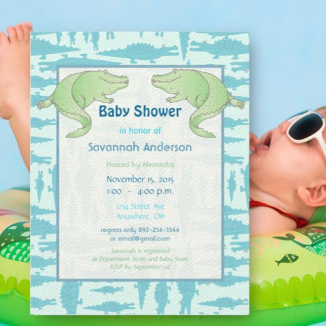 Aqua Alligator Pattern Baby Boy Shower Invitations (Creator Uploaded)