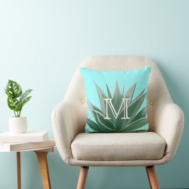 Aqua Aloe Succulent Ivory Monogram Modern Pillow (Chair)