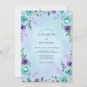 Aqua Amethyst Leafy Wedding Invitation