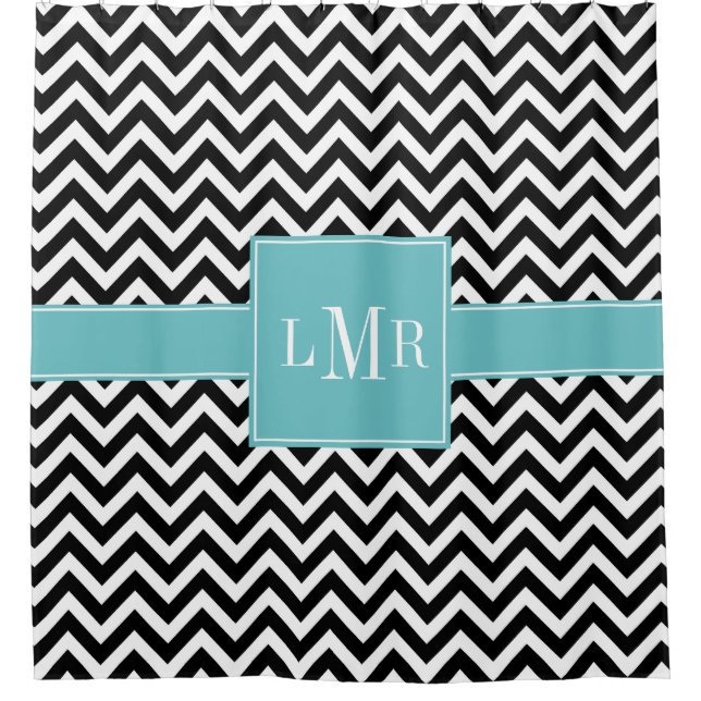 Aqua and Black Chevrons Monogrammed Shower Curtain (Front)