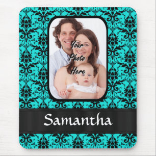 Aqua and black damask mouse pad