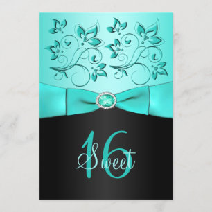 Aqua and Black Floral Sweet Sixteen Invitation
