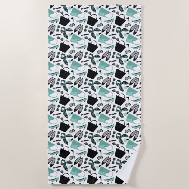 Aqua and black girly things design beach towel (Front)