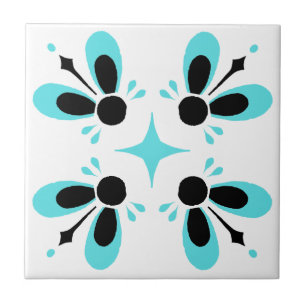 Aqua and Black on White Intricate Floral pattern Tile