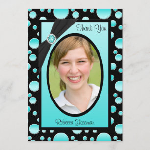 Aqua and Black Polka Dot Photo Thank You Card