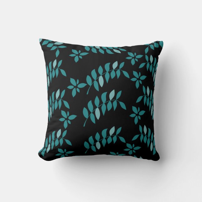 Aqua and Black Tropical jungle Throw Pillow (Front)