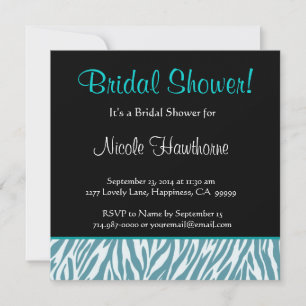 Aqua and Black Zebra Print Square Bridal Shower Invitation