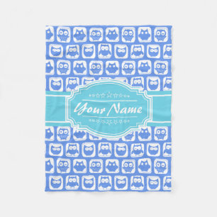 Aqua and Blue Owl Gray Personalized Name Fleece Blanket
