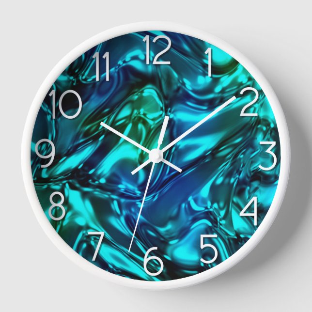 Aqua and Blue Wavy Metallic Look Clock (Front)