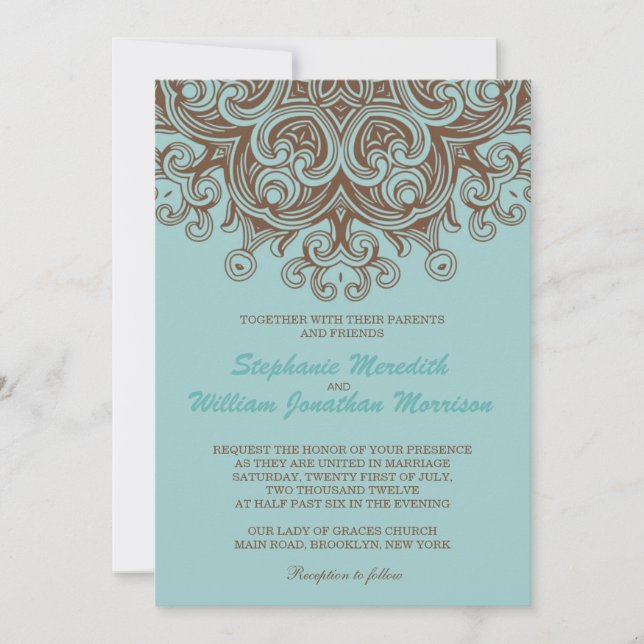 Aqua and Brown Wedding Invitation (Front)