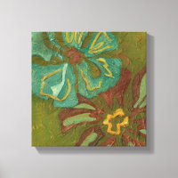 Aqua and Burnt Orange Flowers on Green Background