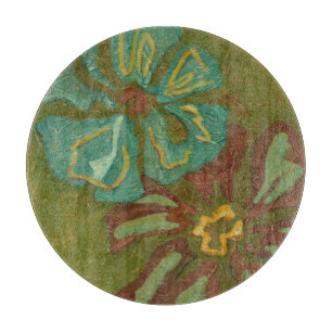 Aqua and Burnt Orange Flowers on Green Background Cutting Board