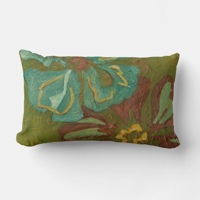 Aqua and Burnt Orange Flowers on Green Background Lumbar Cushion (Front)