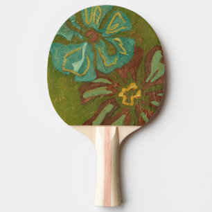 Aqua and Burnt Orange Flowers on Green Background Ping Pong Paddle