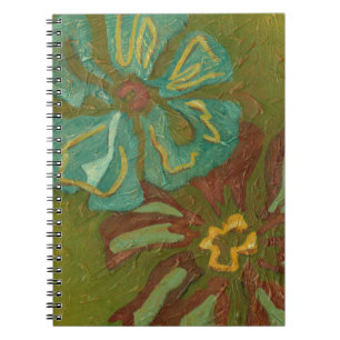 Aqua and Burnt Orange Flowers on Green Background Spiral Notebook