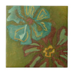 Aqua and Burnt Orange Flowers on Green Background Tile<br><div class="desc">Heavy paint strokes punctuate this piece by Chariklia Zarris. Aqua and burnt orange flowers loom large on a lime green background. A great piece to help you start your art collection!</div>