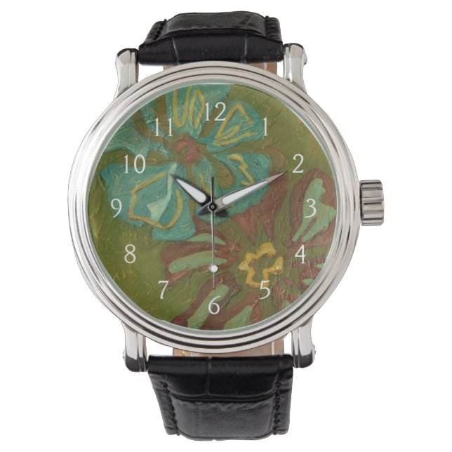Aqua and Burnt Orange Flowers on Green Background Watch (Front)
