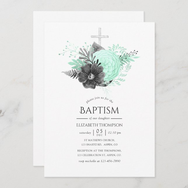 Aqua and Charcoal Floral Rustic Baptism Invitation (Front/Back)