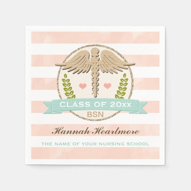 Aqua and Coral Caduceus Nurse Graduation Napkin (Front)