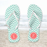 Aqua and Coral Chevron Monogram Jandals<br><div class="desc">Custom printed flip flop sandals with a stylish modern chevron pattern and your custom monogram or other text in a circle frame. Click Customise It to change text fonts and colours or add your own images to create a unique one of a kind design!</div>