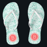 Aqua and Coral Floral Damask Monogram Jandals<br><div class="desc">Custom printed flip flop sandals with a stylish elegant floral damask pattern and your custom monogram or other text in a circle frame. Click Customise It to change text fonts and colours or add your own images to create a unique one of a kind design!</div>