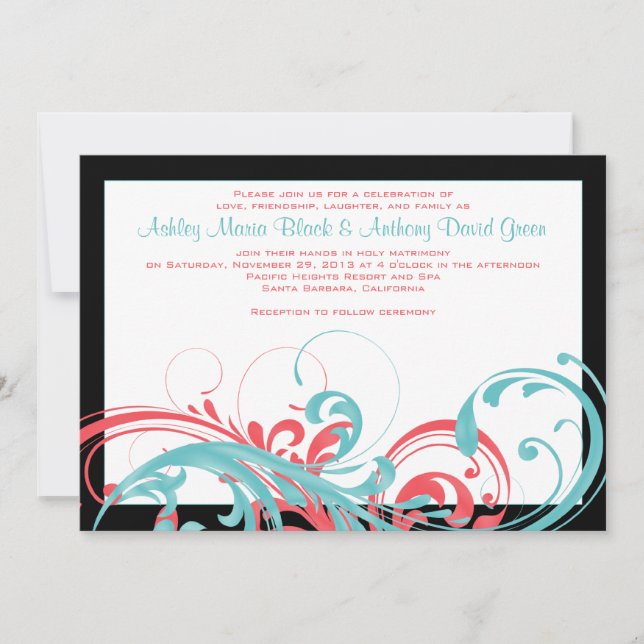 Aqua and Coral Floral Wedding Invitation (Front)