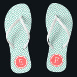 Aqua and Coral Greek Key Monogram Jandals<br><div class="desc">Custom printed flip flop sandals with a stylish modern Greek key pattern and your custom monogram or other text in a circle frame. Click Customise It to change text fonts and colours or add your own images to create a unique one of a kind design!</div>
