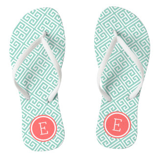 Aqua and Coral Greek Key Monogram Jandals