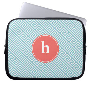 Aqua and Coral Greek Key Pattern Monogram Laptop Sleeve