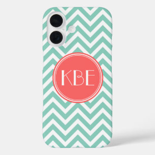 Aqua and Coral Modern Chevron Monogram iPhone 16 Case