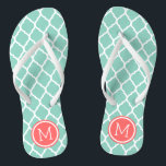 Aqua and Coral Moroccan Quatrefoil Monogram Jandals<br><div class="desc">Custom printed flip flop sandals with a stylish Moroccan quatrefoil pattern and your custom monogram or other text in a circle frame. Click Customise It to change text fonts and colours or add your own images to create a unique one of a kind design!</div>