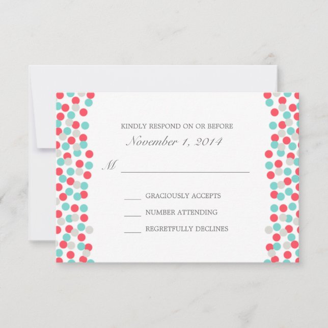 Aqua and Coral Polka Dot Wedding Response Card (Front)