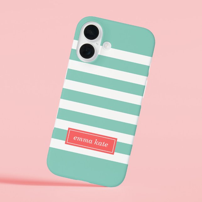 Aqua and Coral Preppy Stripes Monogram Case-Mate iPhone Case (Creator Uploaded)
