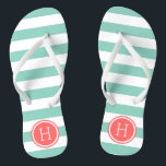 Aqua and Coral Preppy Stripes Monogram Jandals<br><div class="desc">Custom printed flip flop sandals with a preppy nautical stripe pattern and your custom monogram or other text in a circle frame. Click Customise It to change text fonts and colours or add your own images to create a unique one of a kind design!</div>