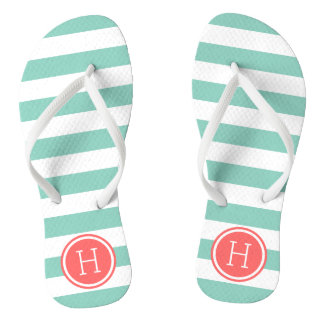 Aqua and Coral Preppy Stripes Monogram Jandals