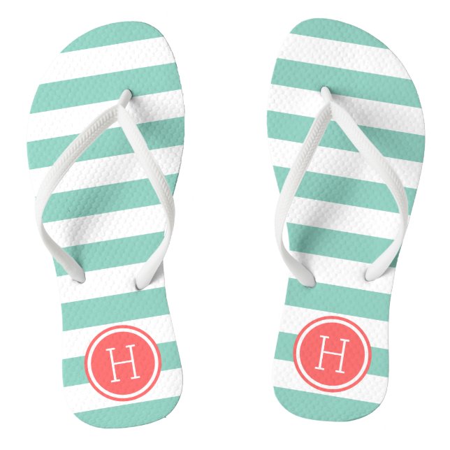 Aqua and Coral Preppy Stripes Monogram Jandals (Footbed)